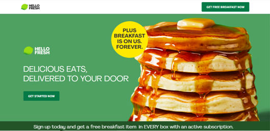 Screenshot of HelloFresh's homepage, featuring buttons.